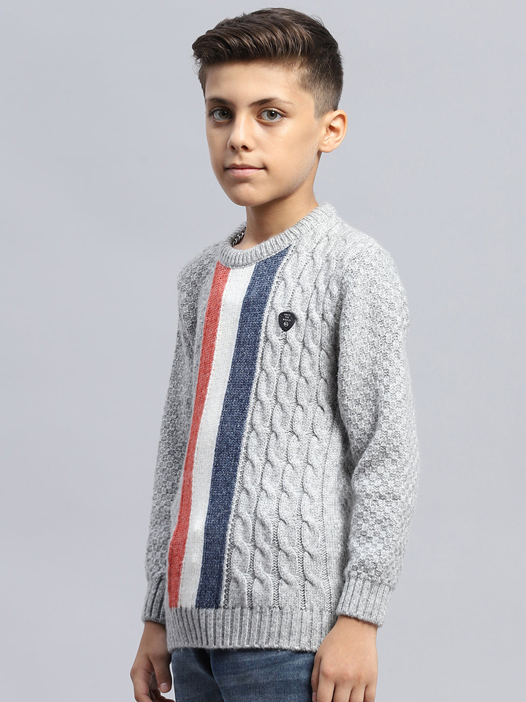 Boys Grey Self Design Round Neck Full Sleeve Pullover