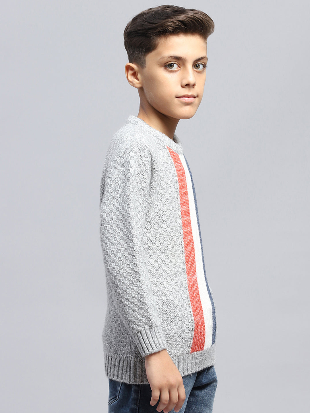 Boys Grey Self Design Round Neck Full Sleeve Pullover