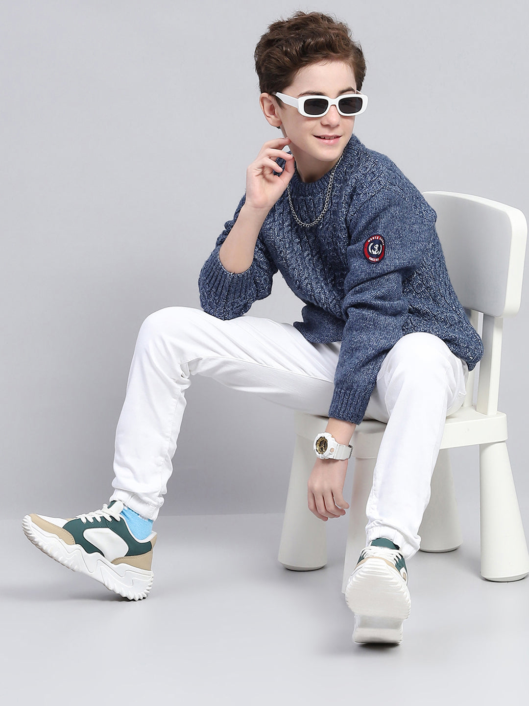 Boys Blue Self Design Round Neck Full Sleeve Pullover