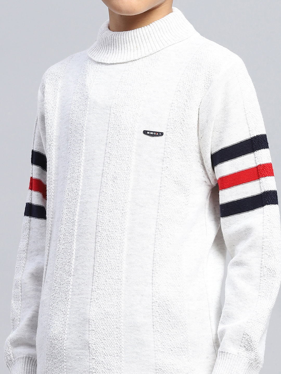 Boys White Self Design High Neck Full Sleeve Pullover