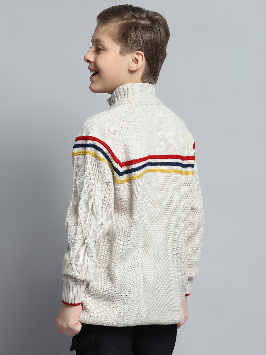 Boys Cream Self Design Mock Neck Full Sleeve Pullover