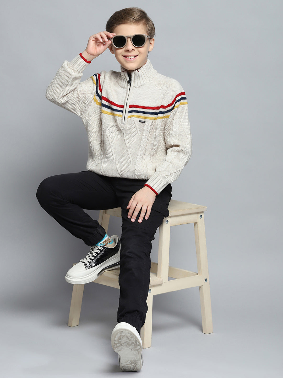 Boys Cream Self Design Mock Neck Full Sleeve Pullover