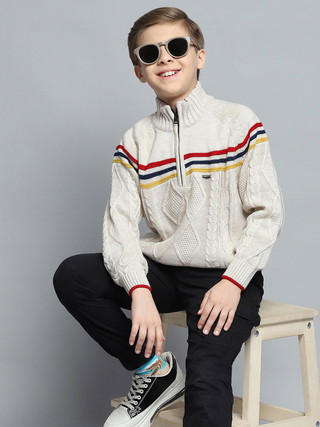 Boys Cream Self Design Mock Neck Full Sleeve Pullover