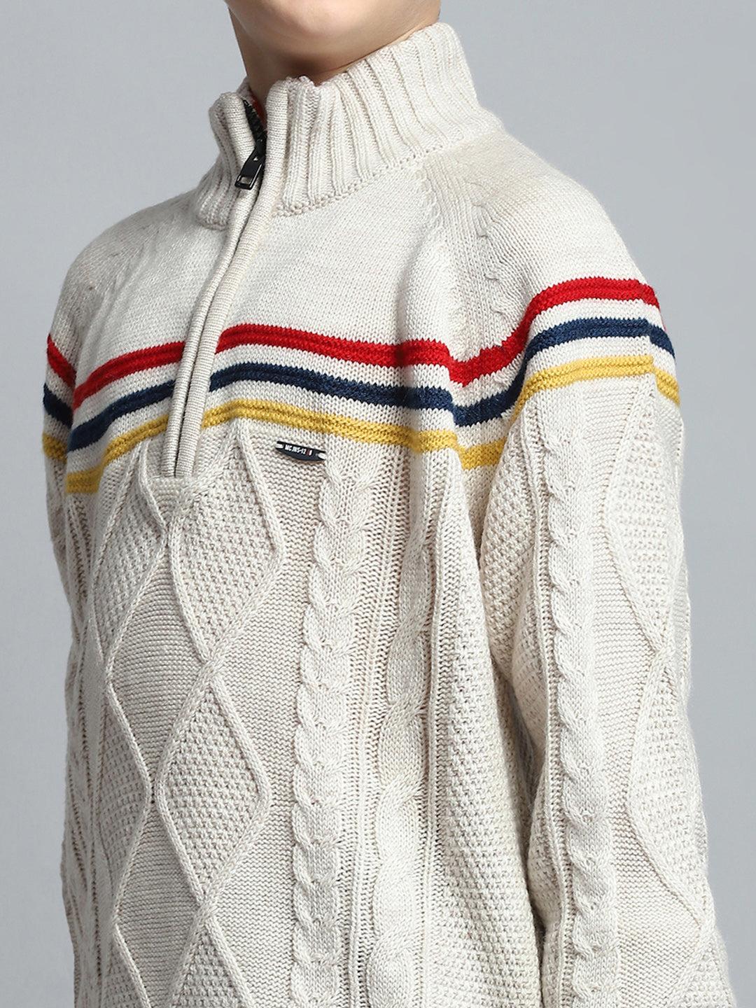 Boys Cream Self Design Mock Neck Full Sleeve Pullover