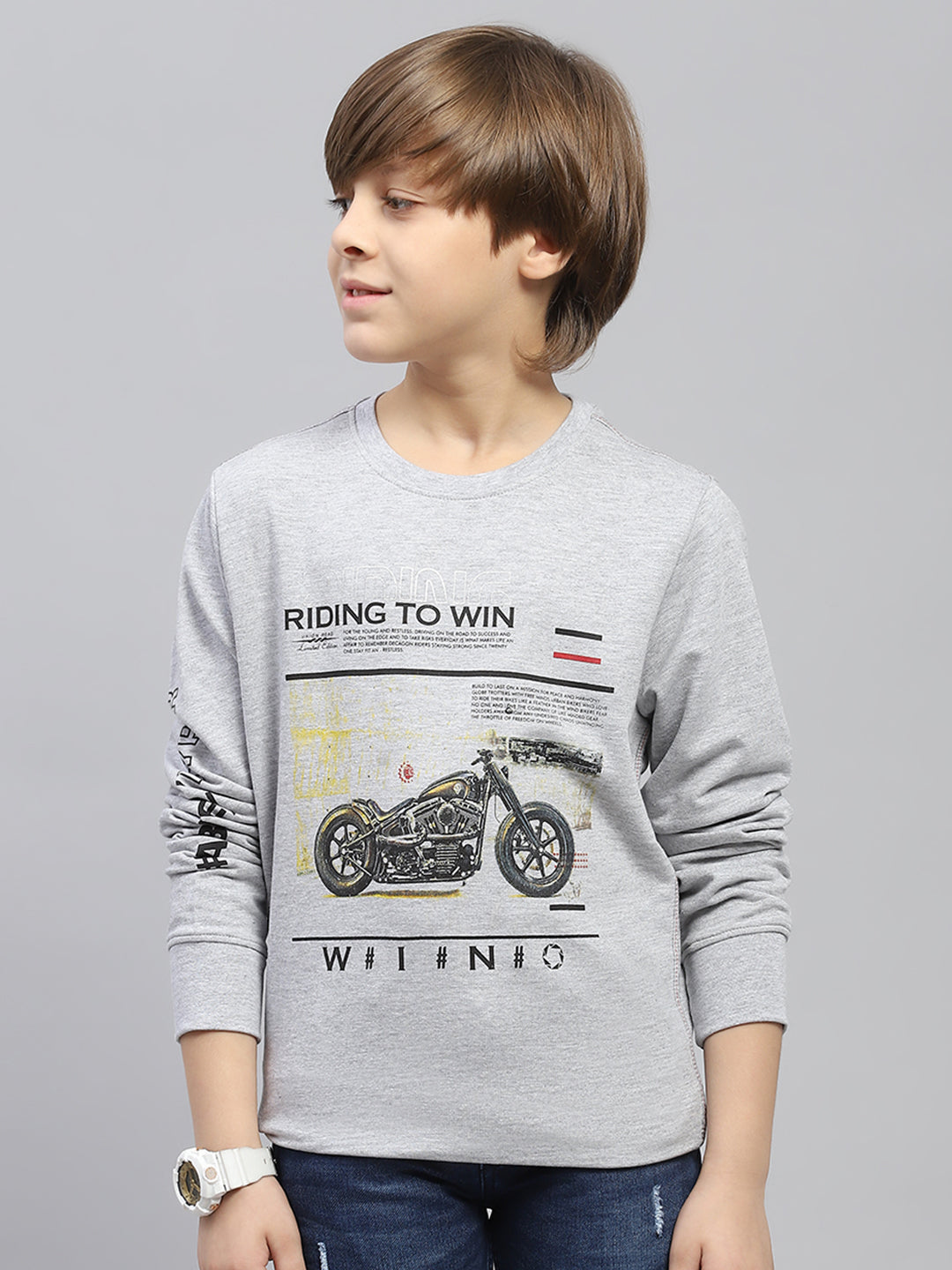 Boys Grey Printed Round Neck Full Sleeve Sweatshirt