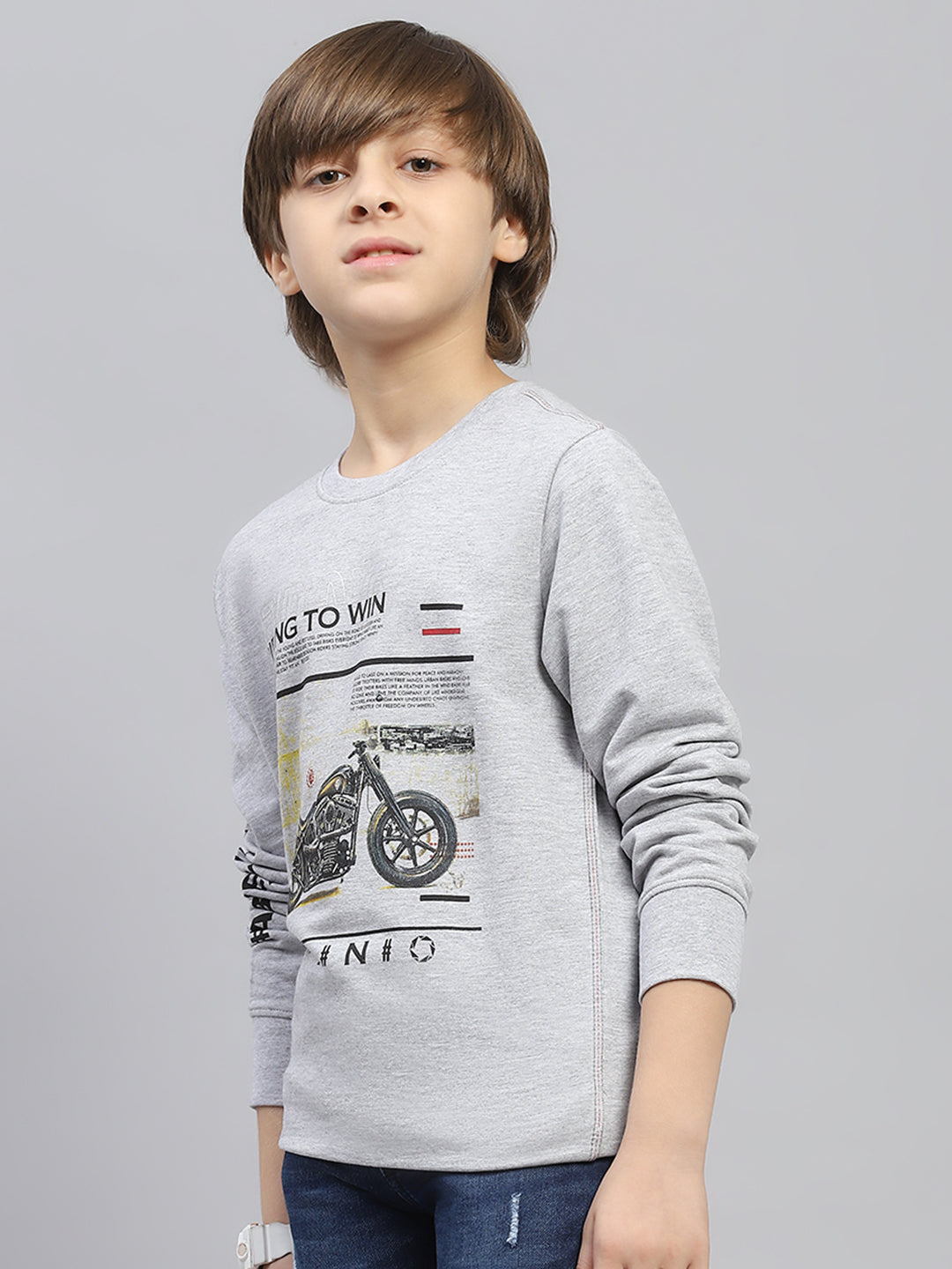 Boys Grey Printed Round Neck Full Sleeve Sweatshirt
