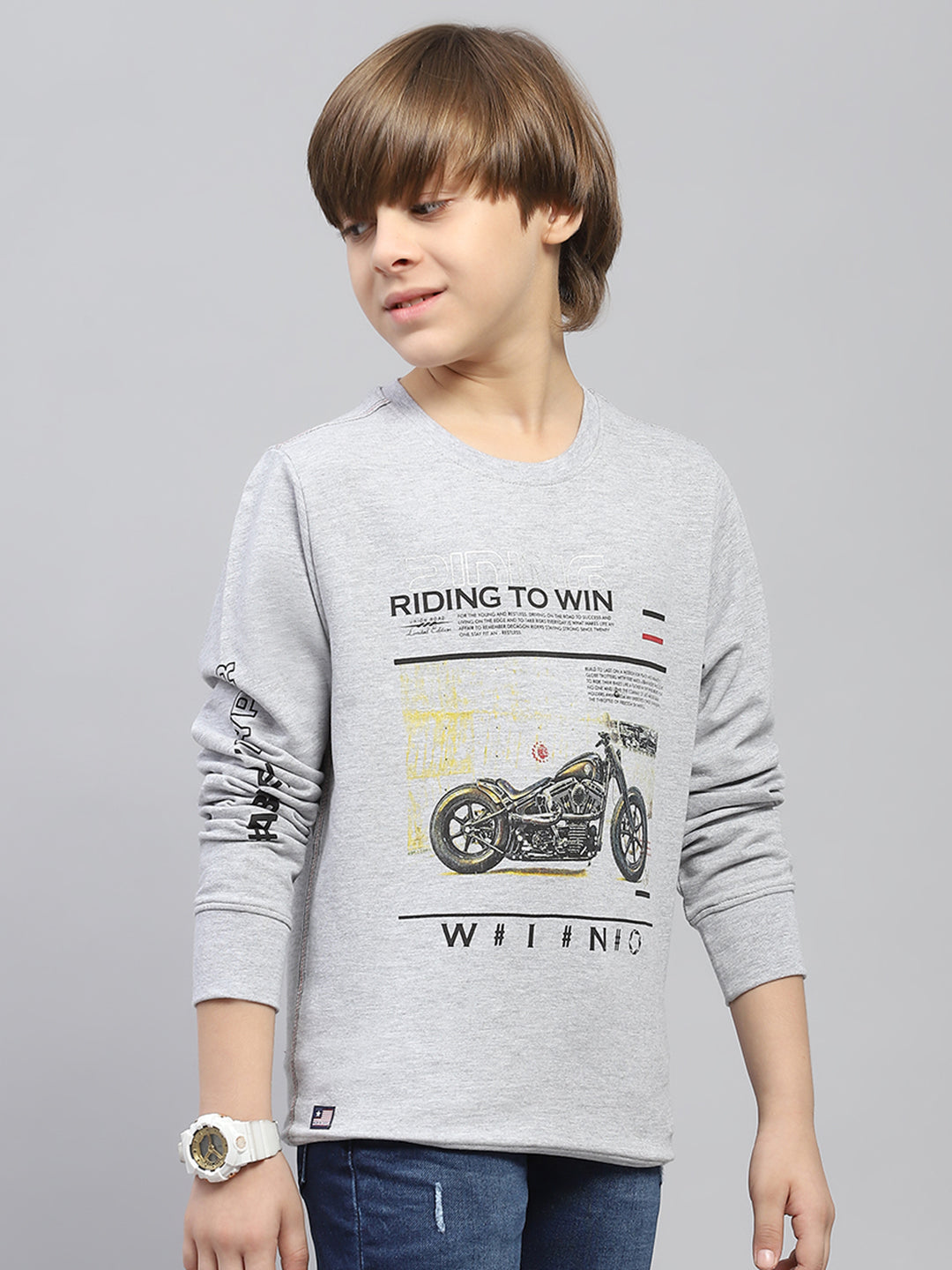 Boys Grey Printed Round Neck Full Sleeve Sweatshirt