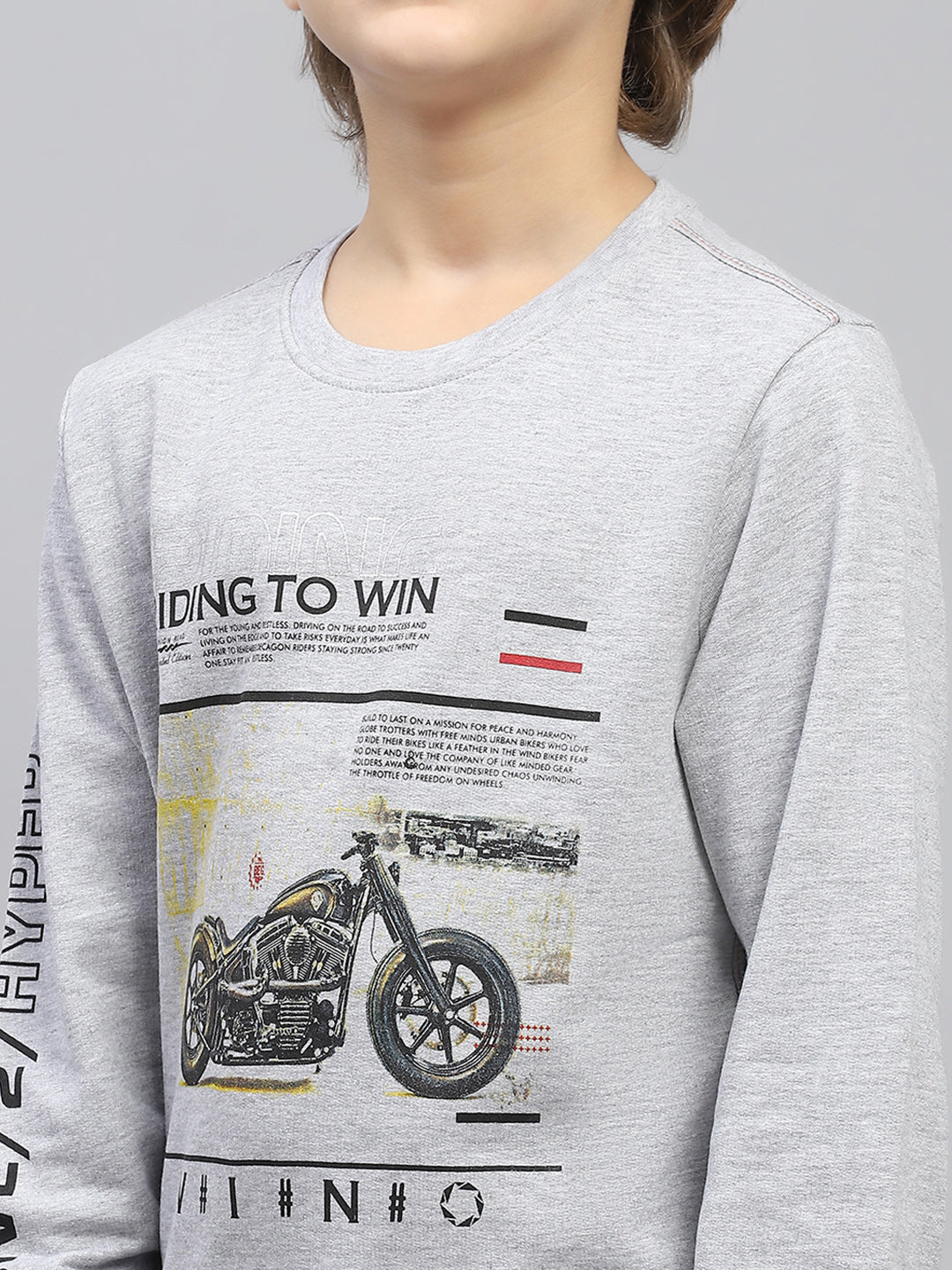 Boys Grey Printed Round Neck Full Sleeve Sweatshirt