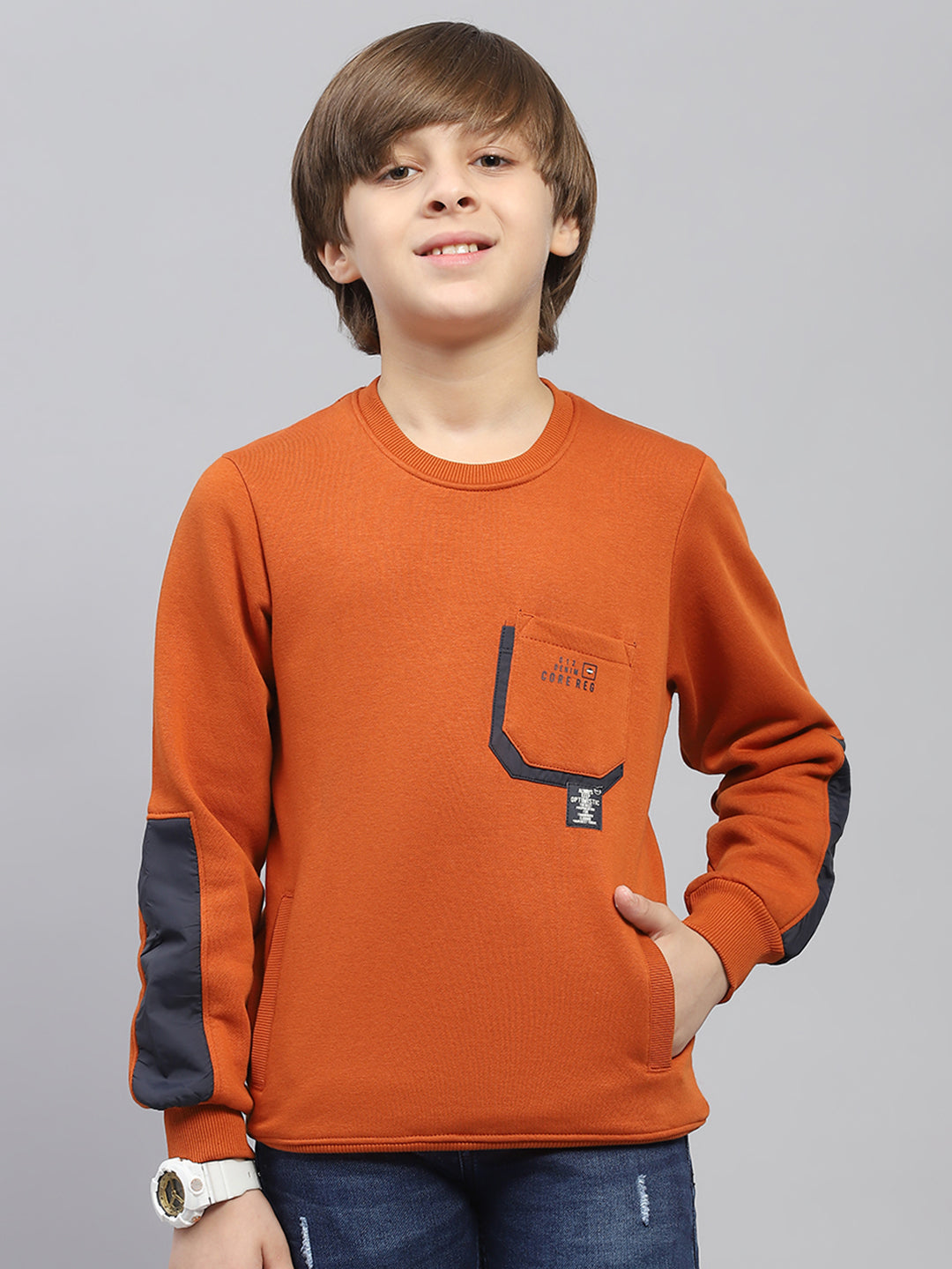 Boys Rust Solid Round Neck Full Sleeve Sweatshirt