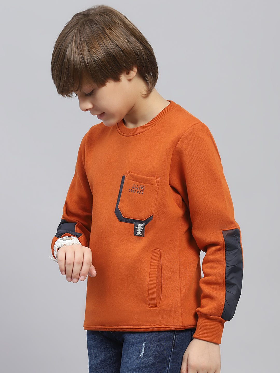 Boys Rust Solid Round Neck Full Sleeve Sweatshirt