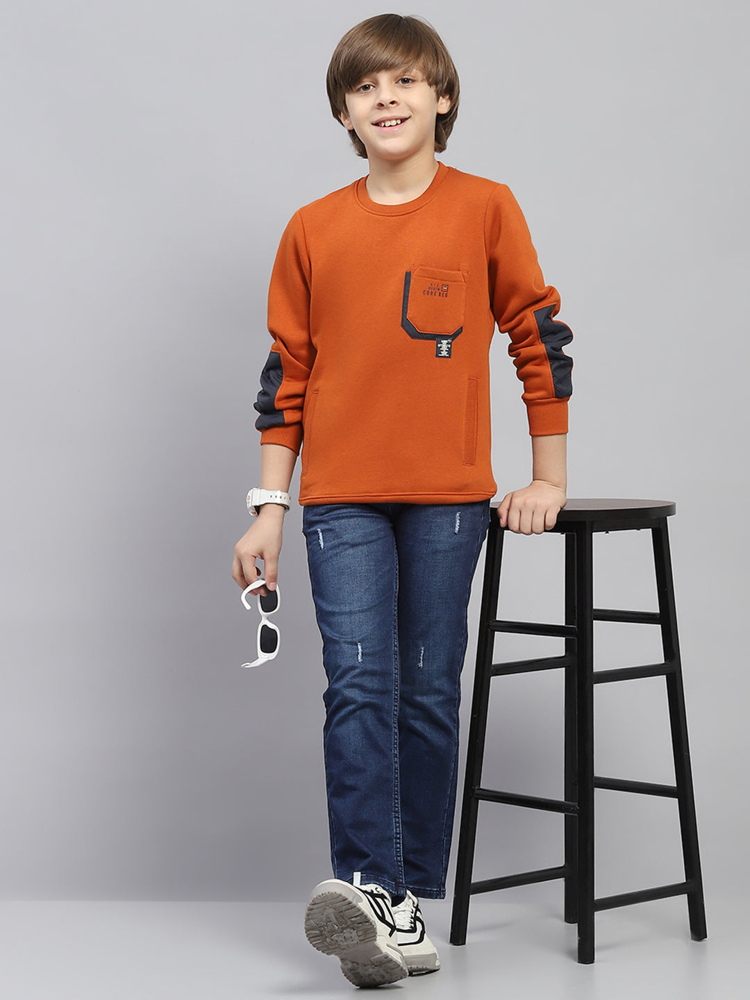 Boys Rust Solid Round Neck Full Sleeve Sweatshirt