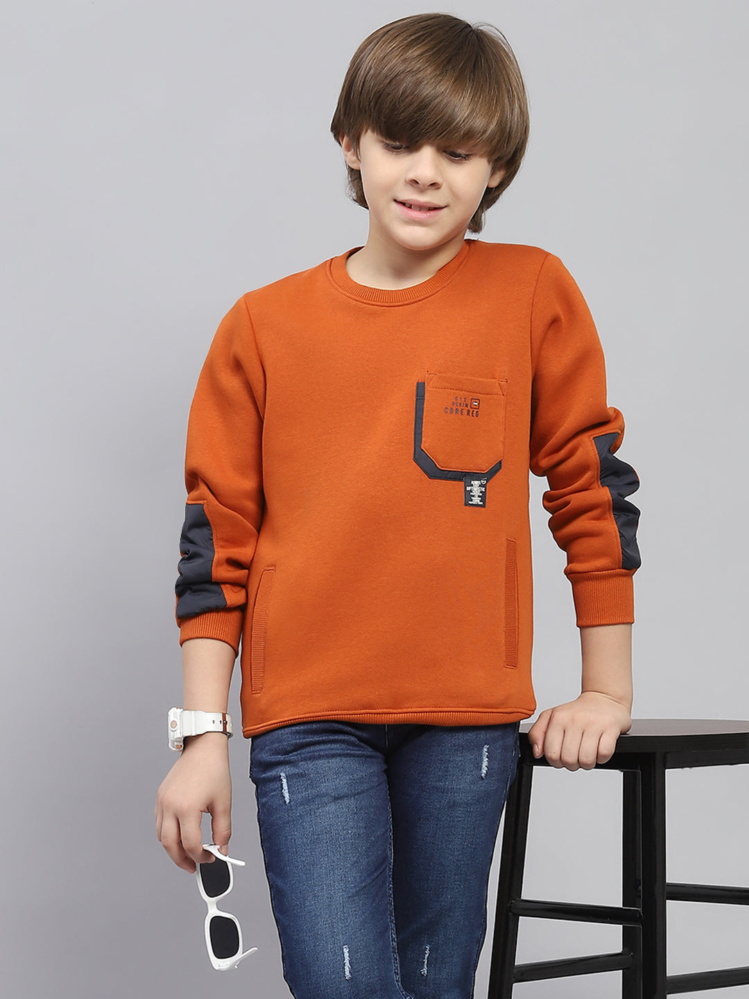Boys Rust Solid Round Neck Full Sleeve Sweatshirt