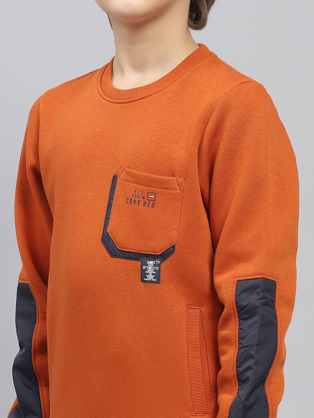 Boys Rust Solid Round Neck Full Sleeve Sweatshirt