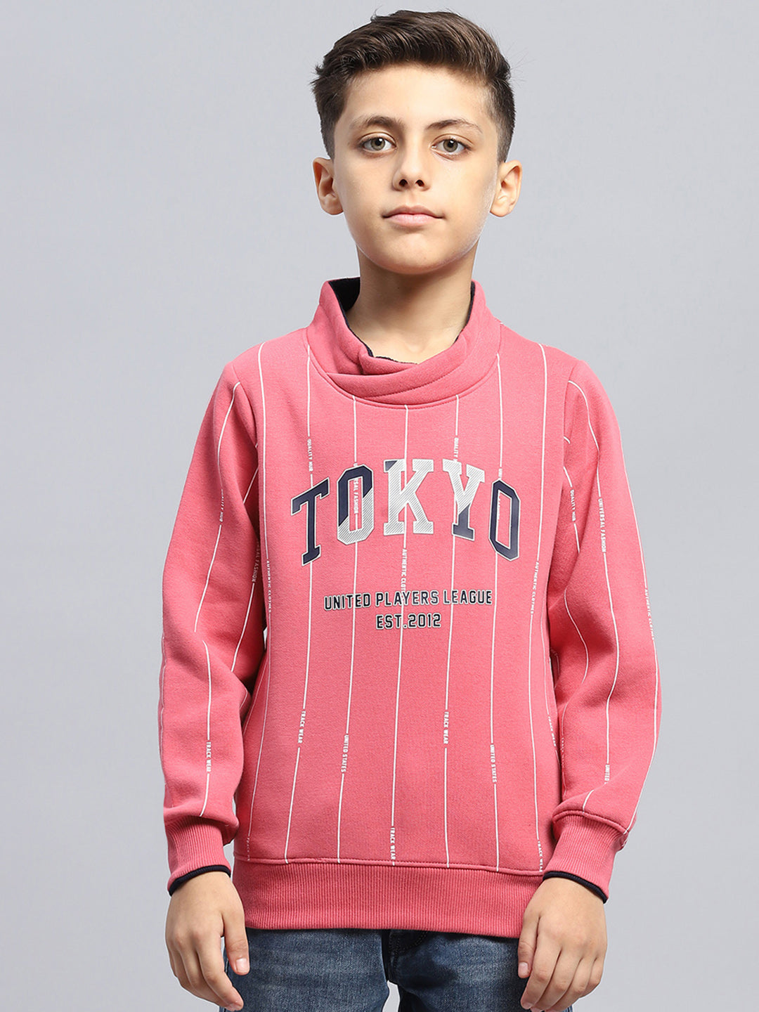 Boys Pink Printed High Neck Full Sleeve Sweatshirt