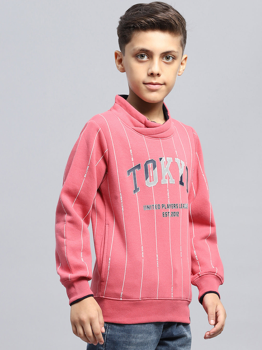 Boys Pink Printed High Neck Full Sleeve Sweatshirt