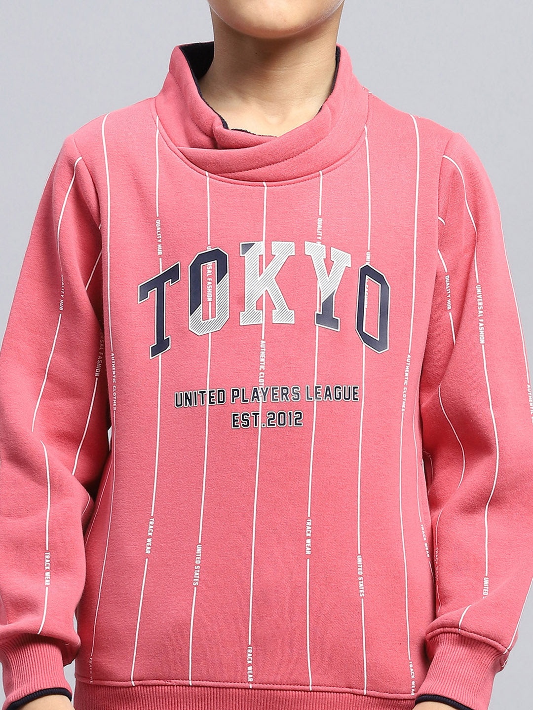Boys Pink Printed High Neck Full Sleeve Sweatshirt