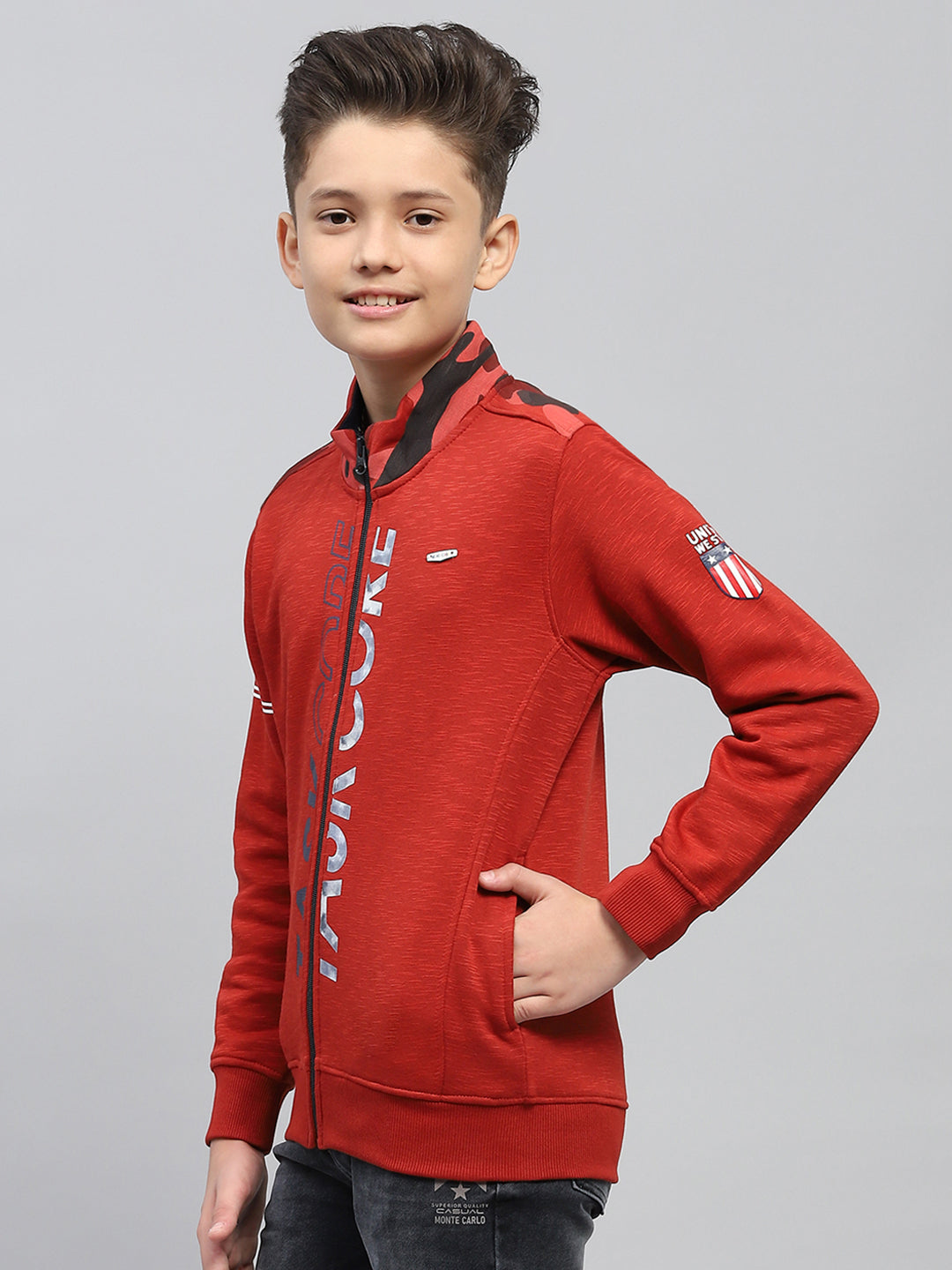 Boys Maroon Printed Mock Neck Full Sleeve Sweatshirt