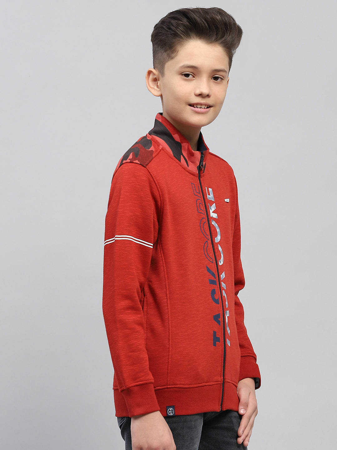 Boys Maroon Printed Mock Neck Full Sleeve Sweatshirt