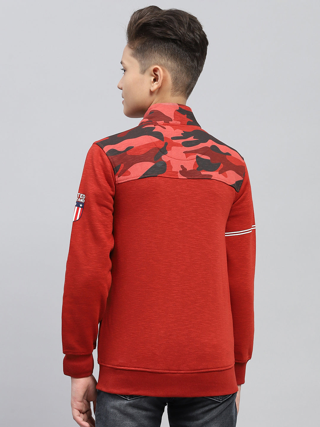 Boys Maroon Printed Mock Neck Full Sleeve Sweatshirt
