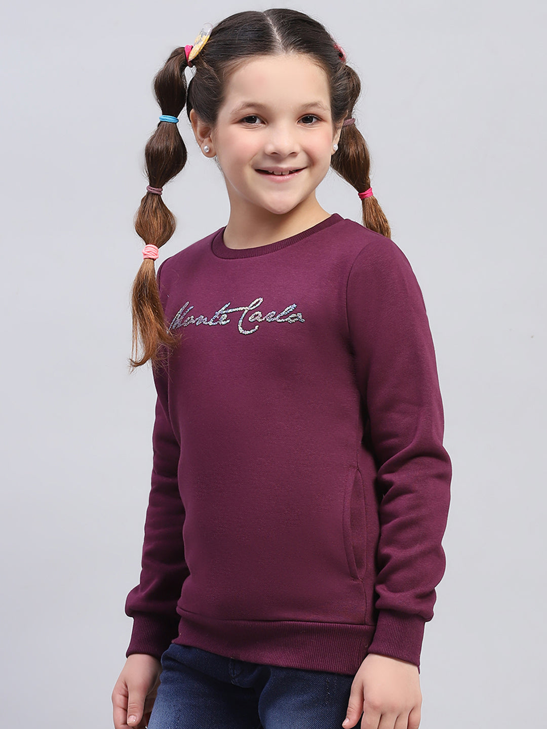 Girls Burgundy Printed Round Neck Full Sleeve Sweatshirt
