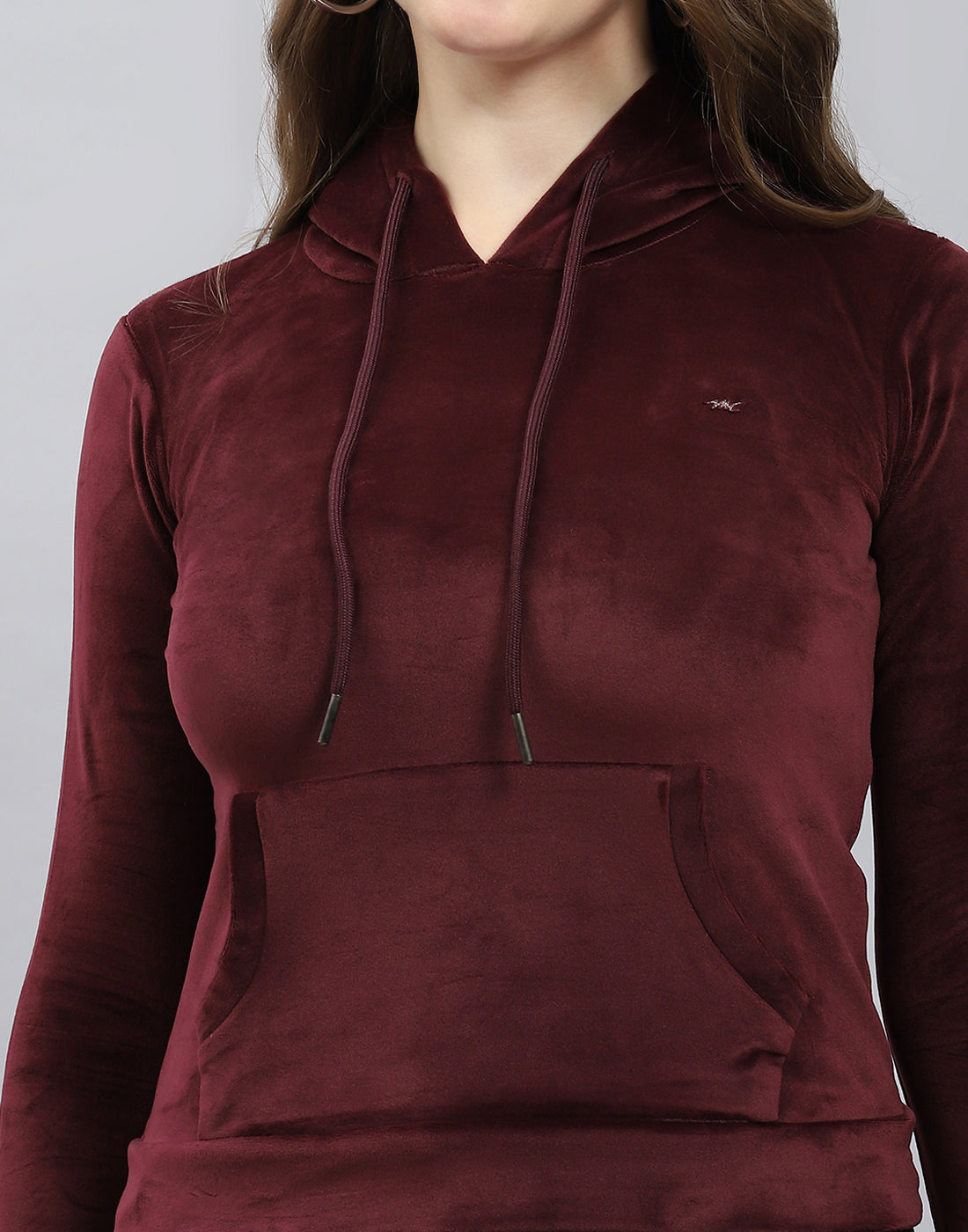 Girls Burgundy Solid Hooded Full Sleeve Sweatshirt