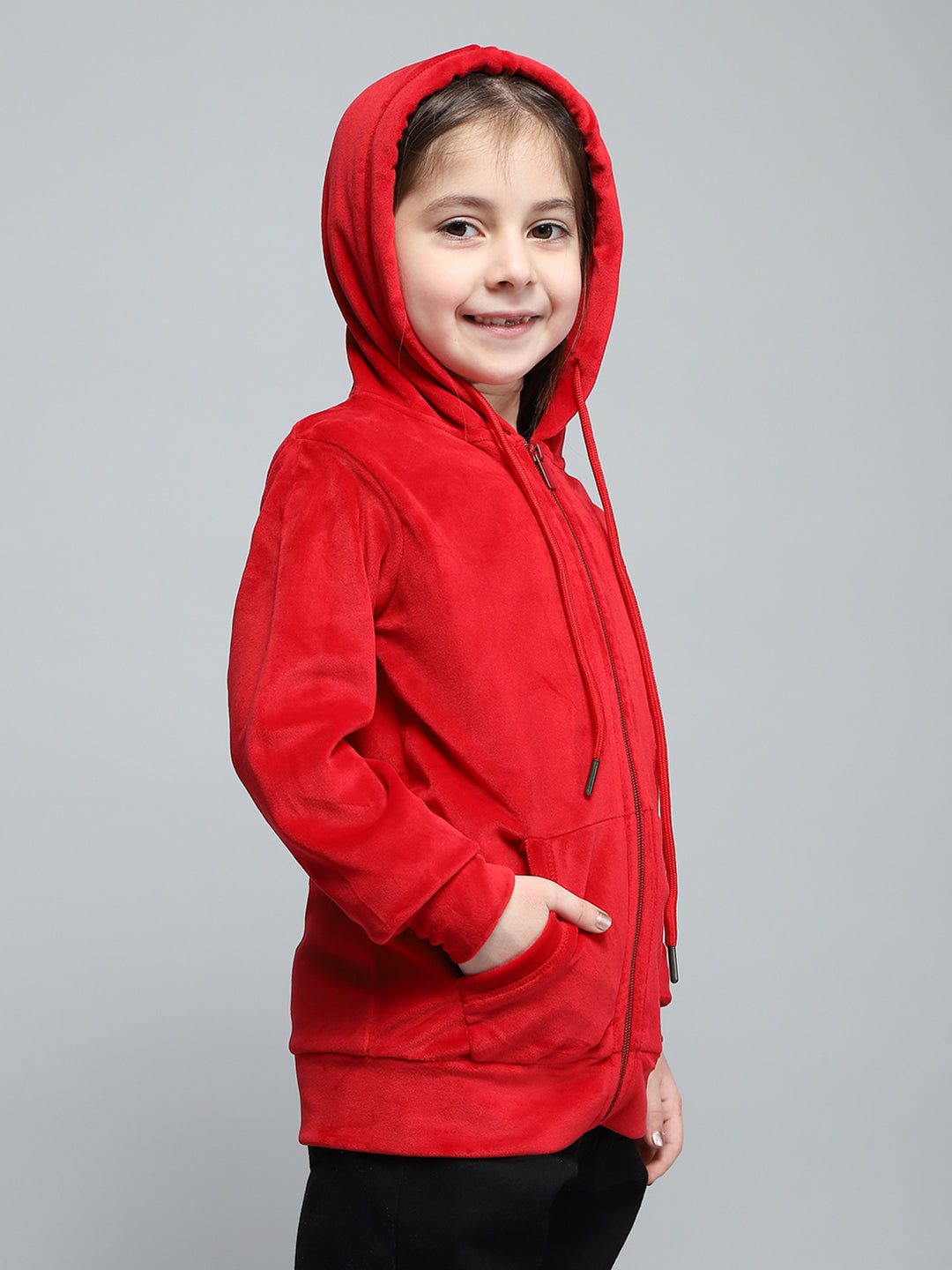 Girls Red Solid Hooded Full Sleeve Sweatshirt