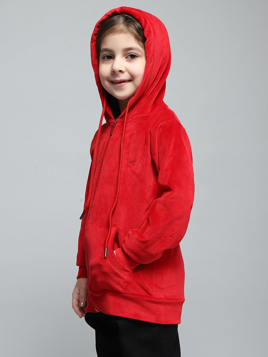 Girls Red Solid Hooded Full Sleeve Sweatshirt