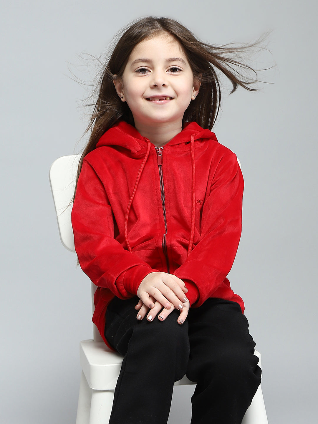 Girls Red Solid Hooded Full Sleeve Sweatshirt