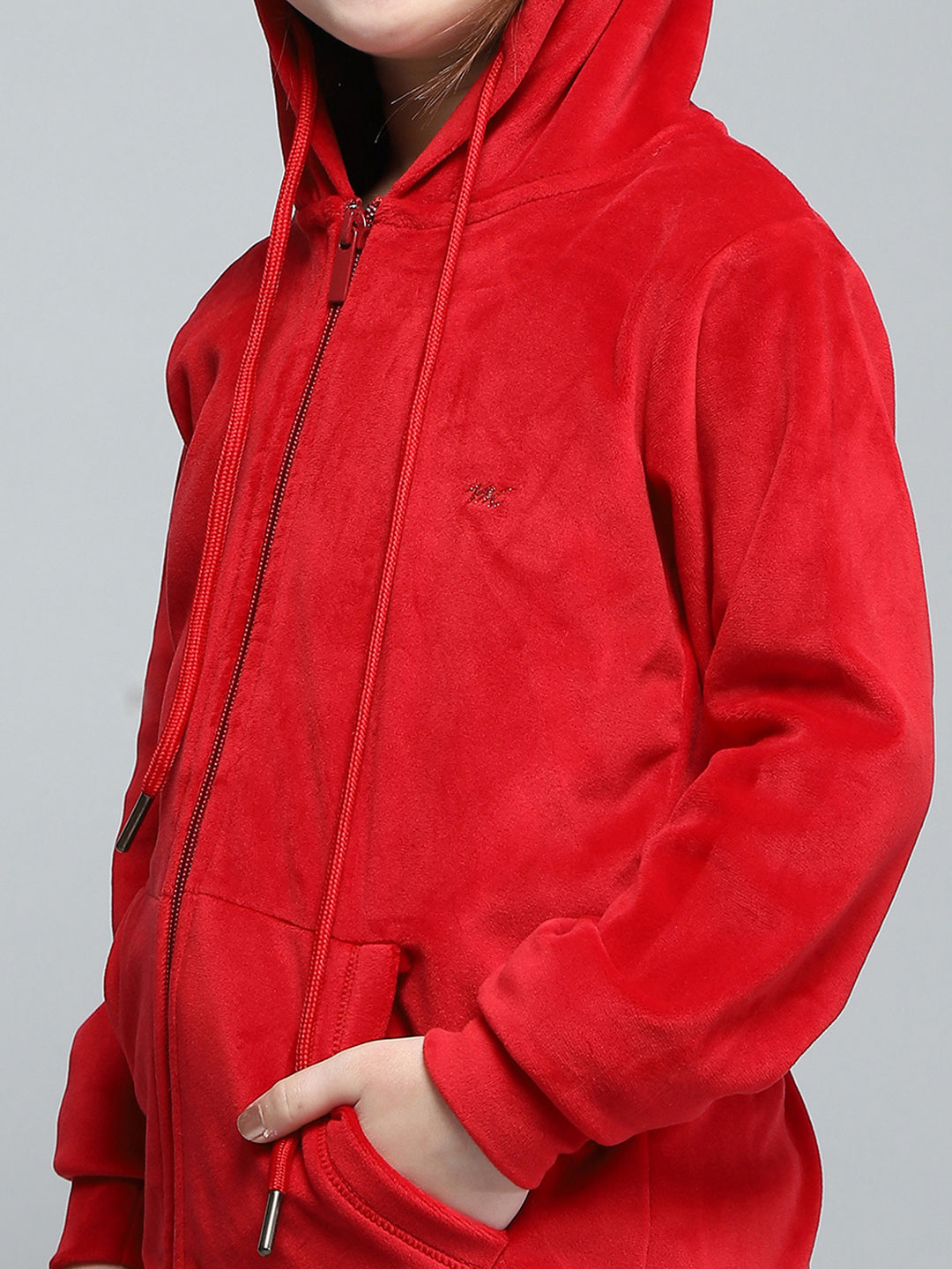 Girls Red Solid Hooded Full Sleeve Sweatshirt