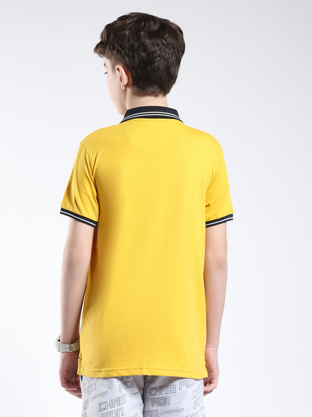 Boys Mustard Solid Collar Half Sleeve T-Shirt