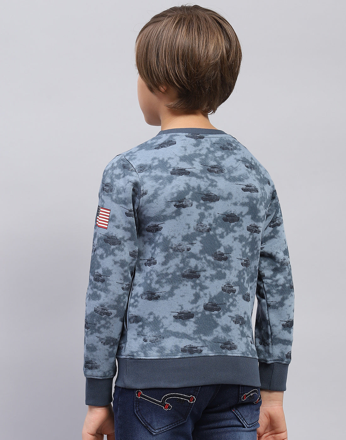 Boys Blue Printed Round Neck Full Sleeve Sweatshirt