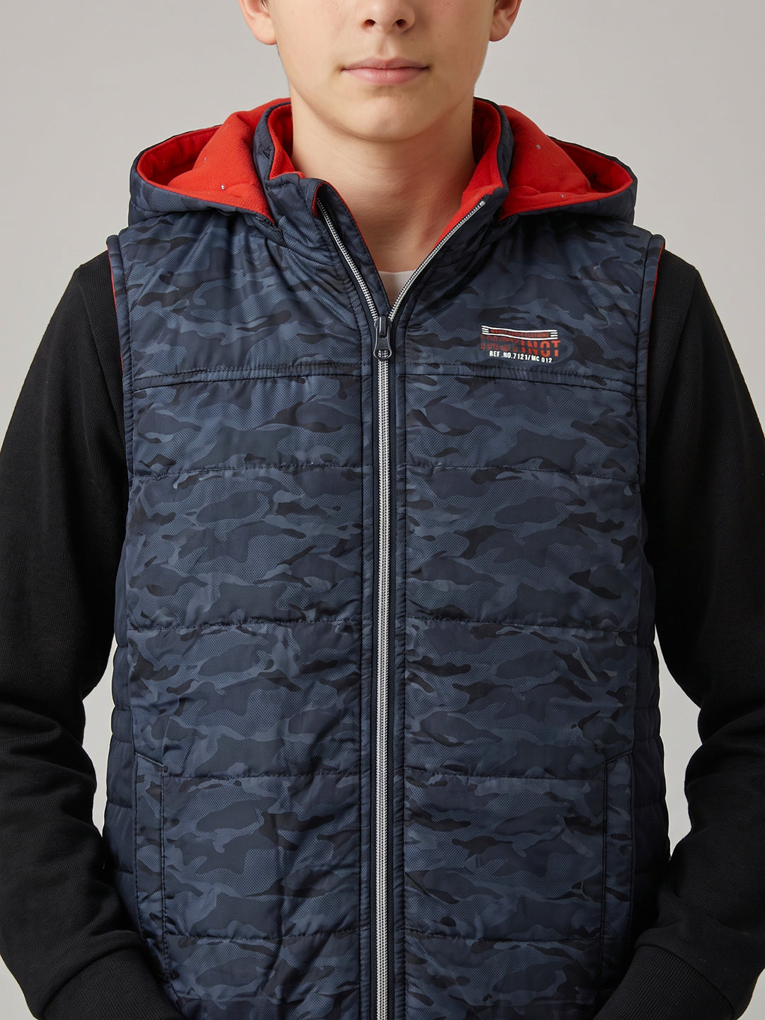 Boys Navy Blue Camouflage Detachable Hood Sleeveless Puffer Jacket
