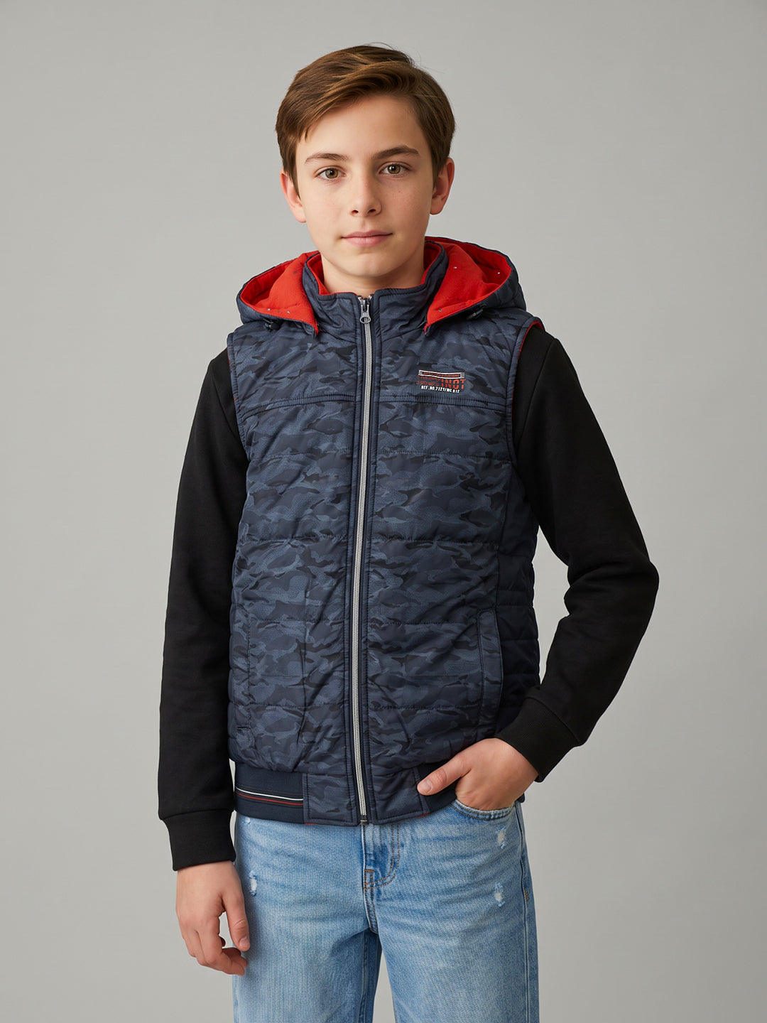 Boys Navy Blue Camouflage Detachable Hood Sleeveless Puffer Jacket