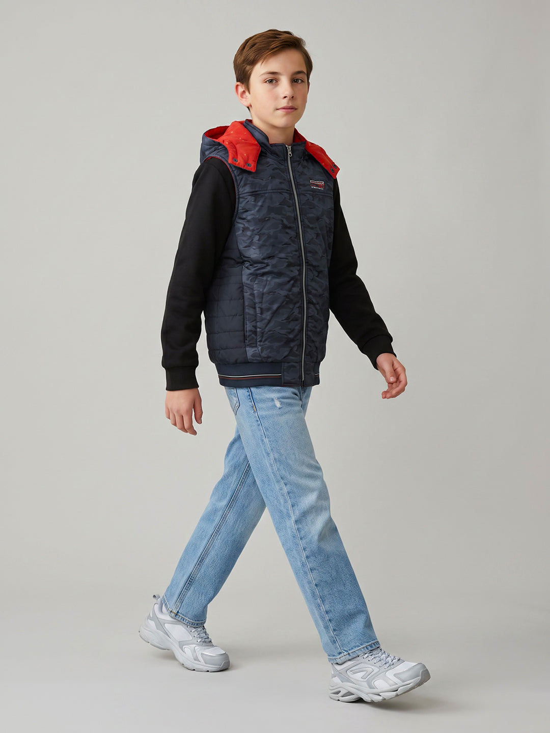 Boys Navy Blue Camouflage Detachable Hood Sleeveless Puffer Jacket