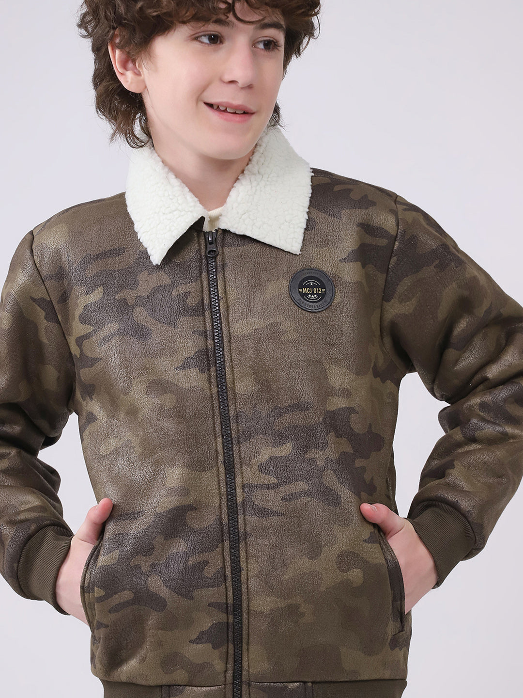 Boys Olive Printed Collar Full Sleeve Boys Jacket