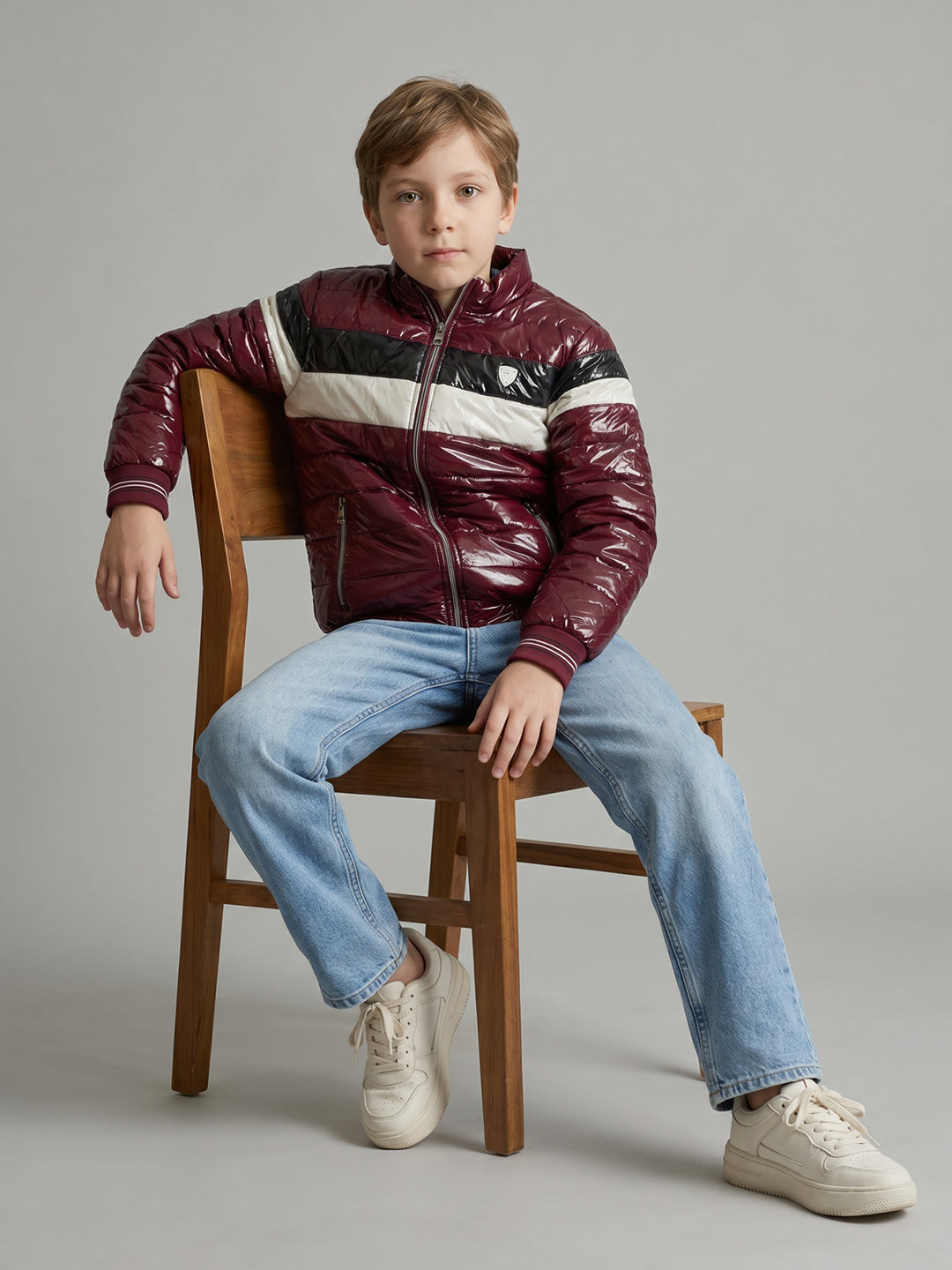 Boys Burgundy Solid Collar Full Sleeve Extra Shining Puffer Jacket