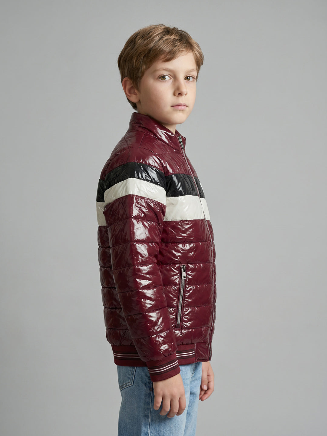 Boys Burgundy Solid Collar Full Sleeve Extra Shining Puffer Jacket