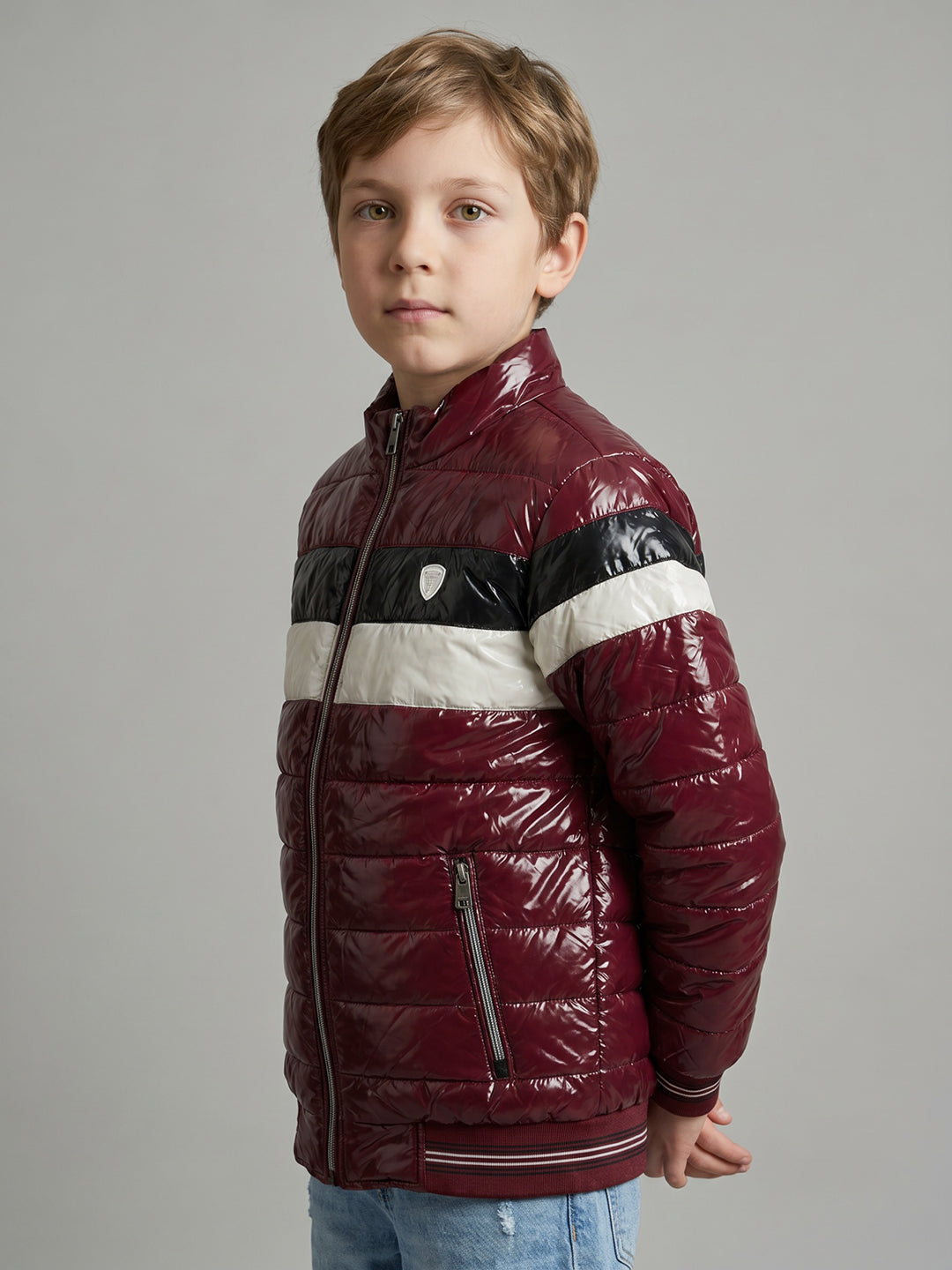 Boys Burgundy Solid Collar Full Sleeve Extra Shining Puffer Jacket