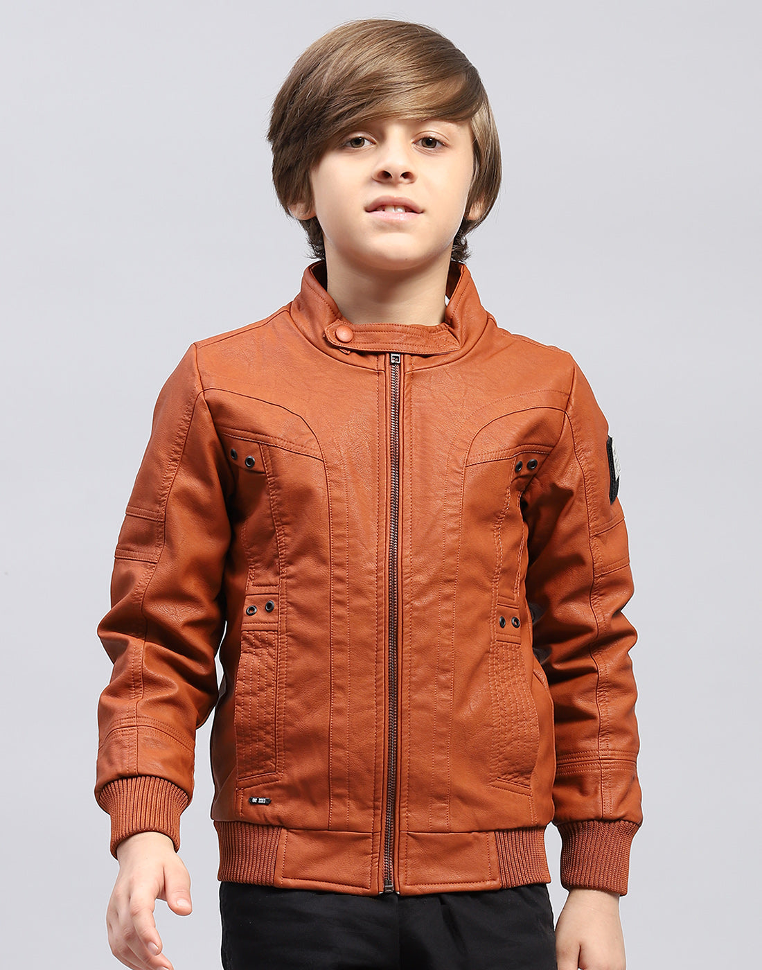Boys Rust Self Design Stand Collar Full Sleeve Jacket