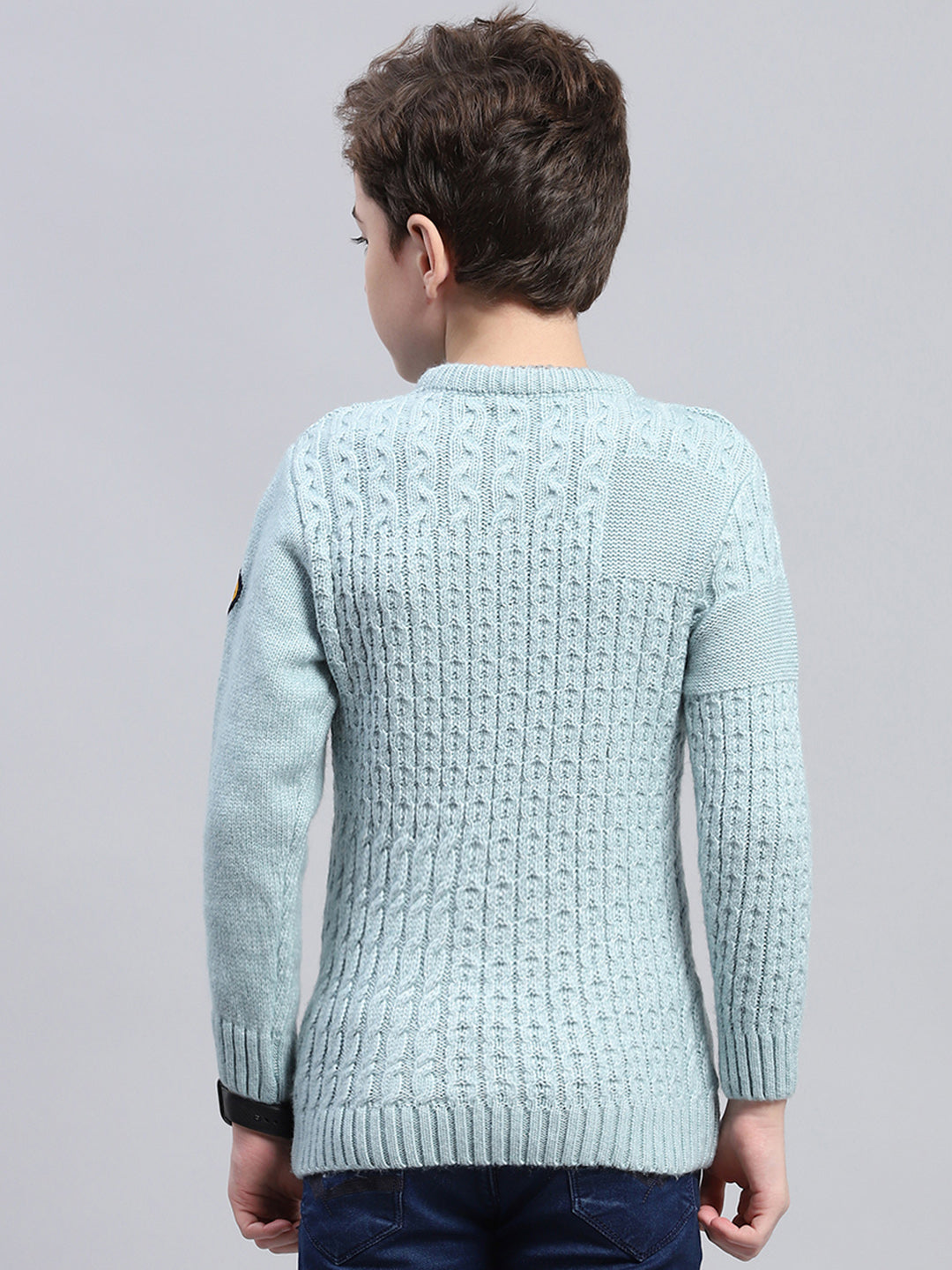 Boys Teal Blue Self Design Round Neck Full Sleeve Pullover