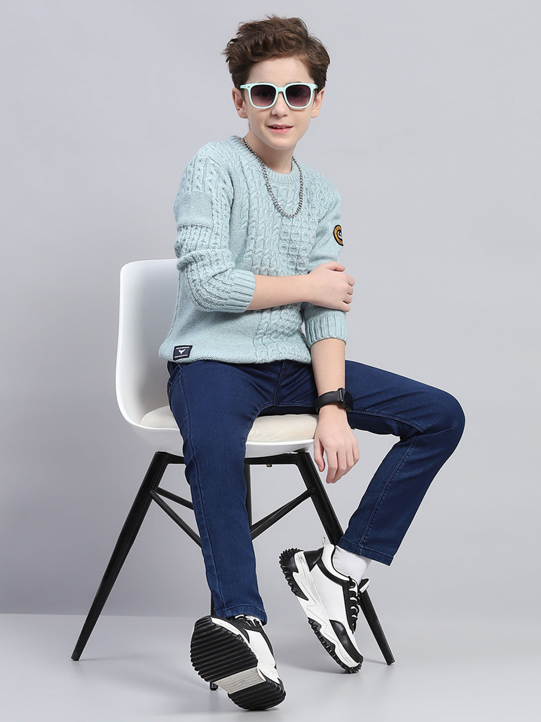Boys Teal Blue Self Design Round Neck Full Sleeve Pullover