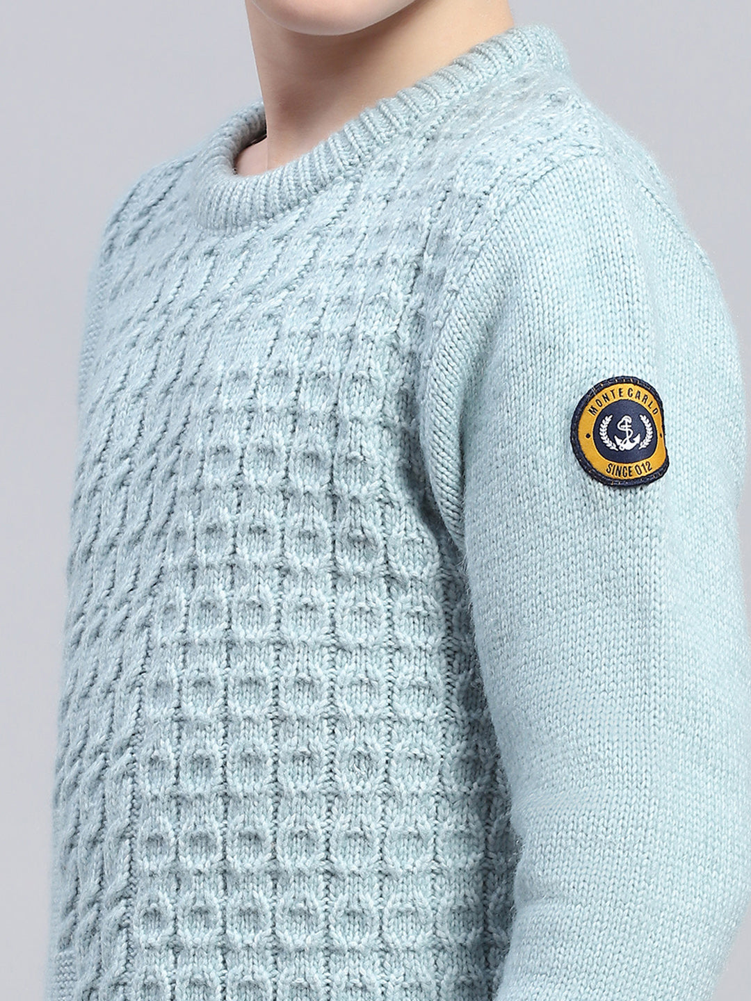 Boys Teal Blue Self Design Round Neck Full Sleeve Pullover