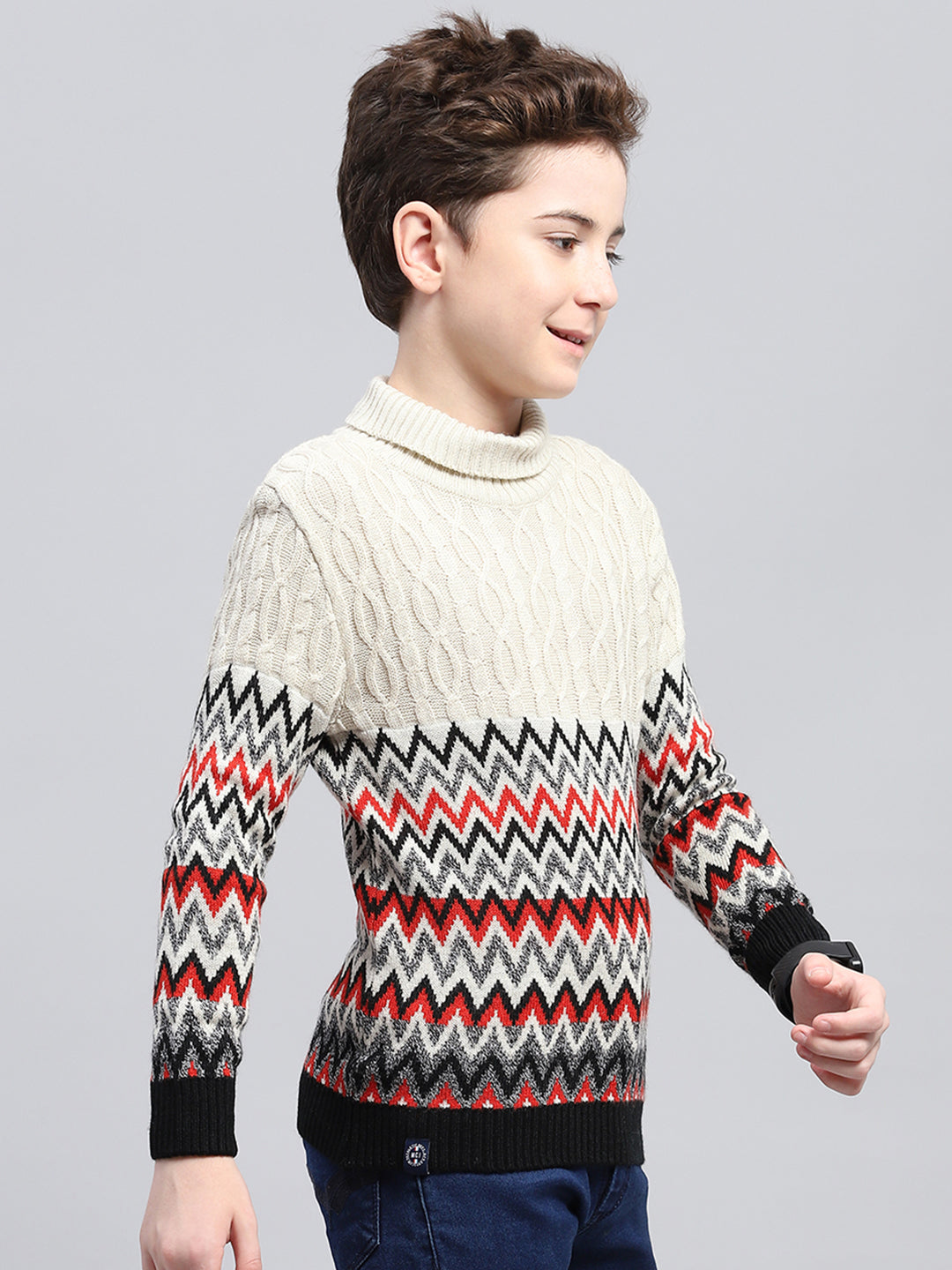 Boys Beige Zig-Zag Round Neck Full Sleeve Pullover