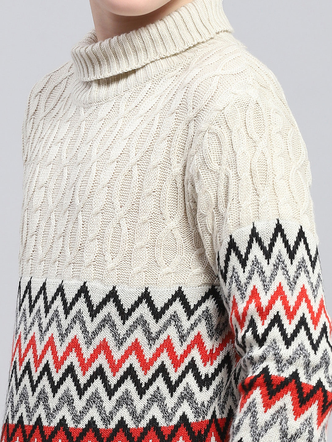 Boys Beige Zig-Zag Round Neck Full Sleeve Pullover