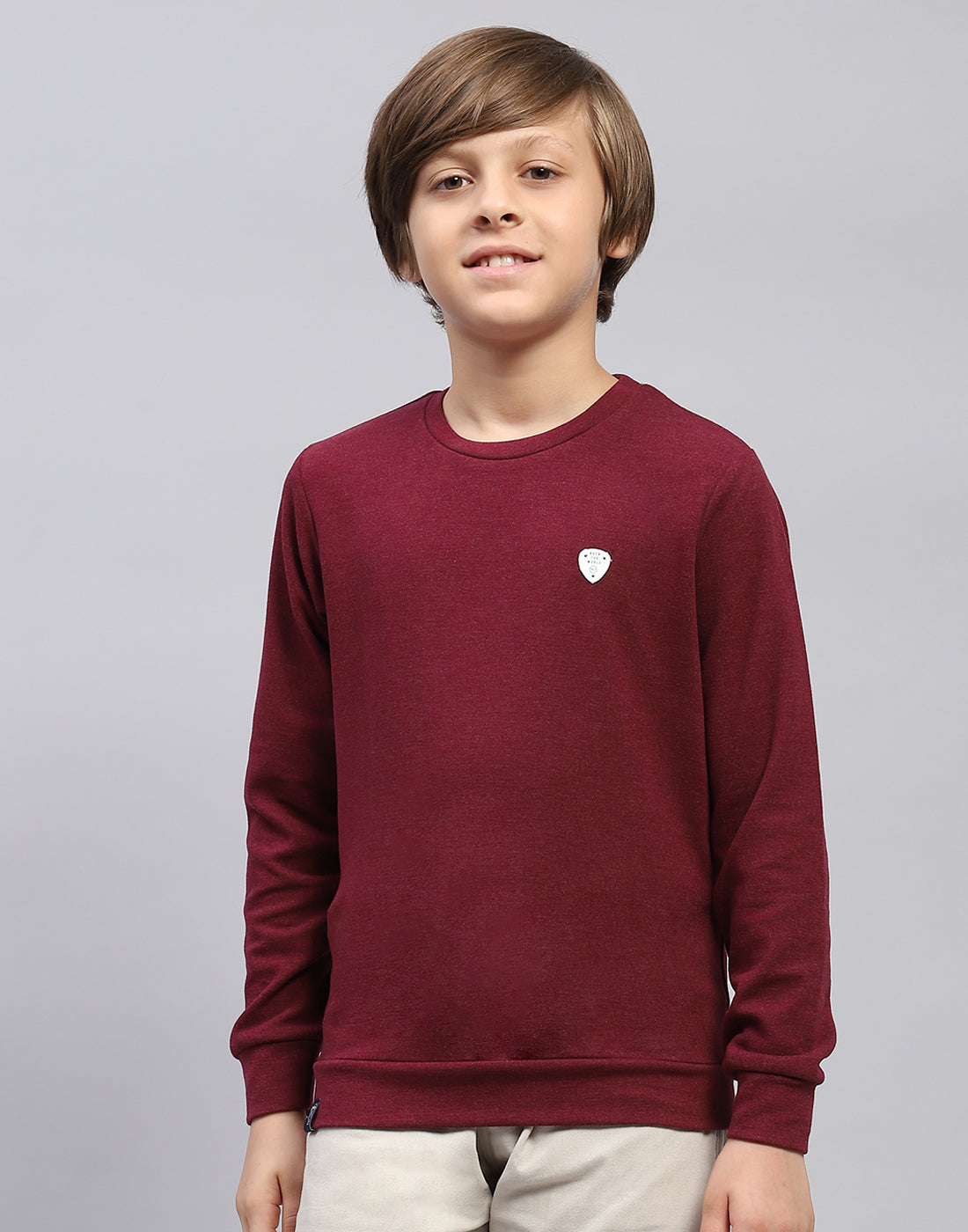 Boys Maroon Solid Round Neck Full Sleeve Sweatshirt