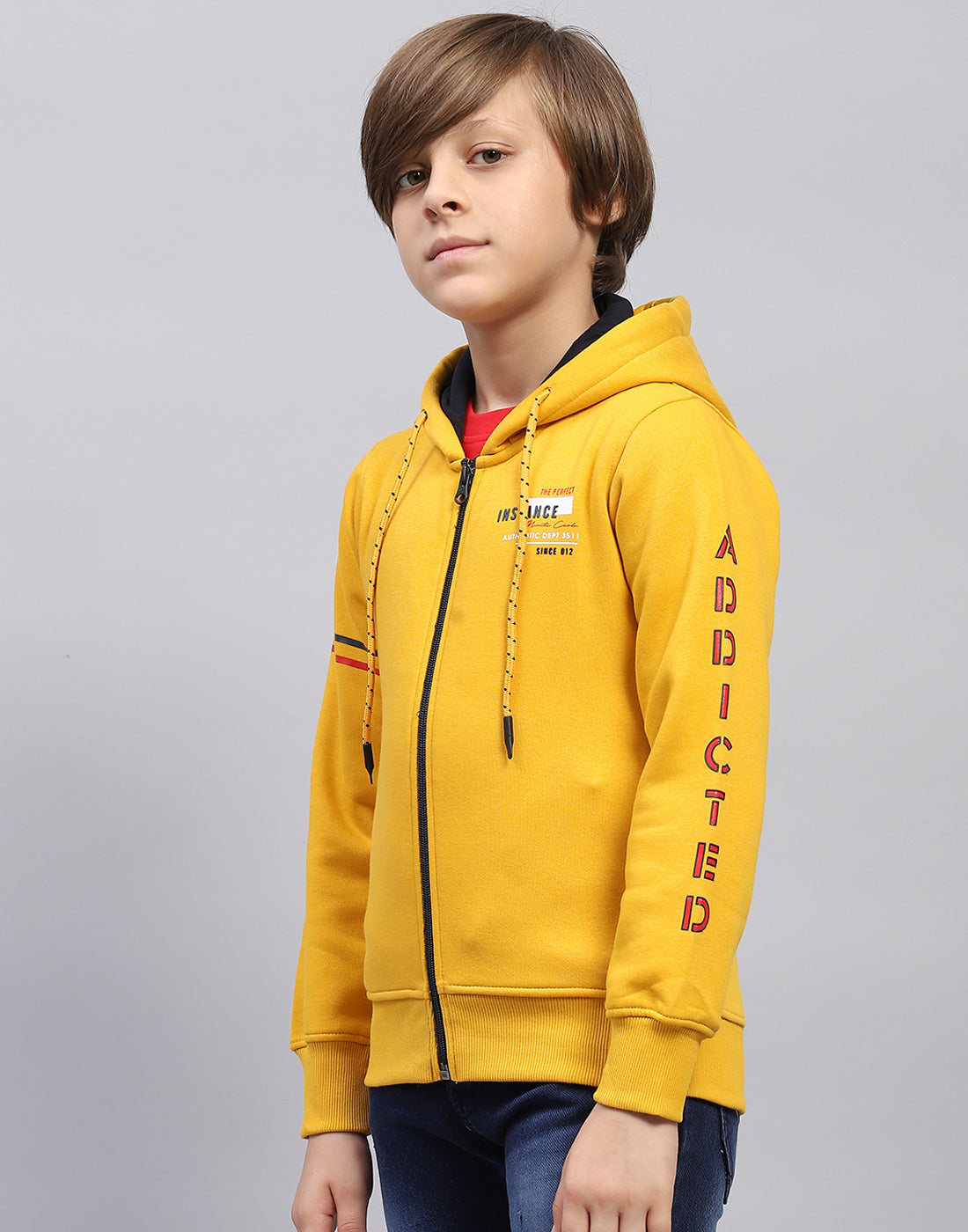 Boys Mustard Printed Hooded Full Sleeve Sweatshirt