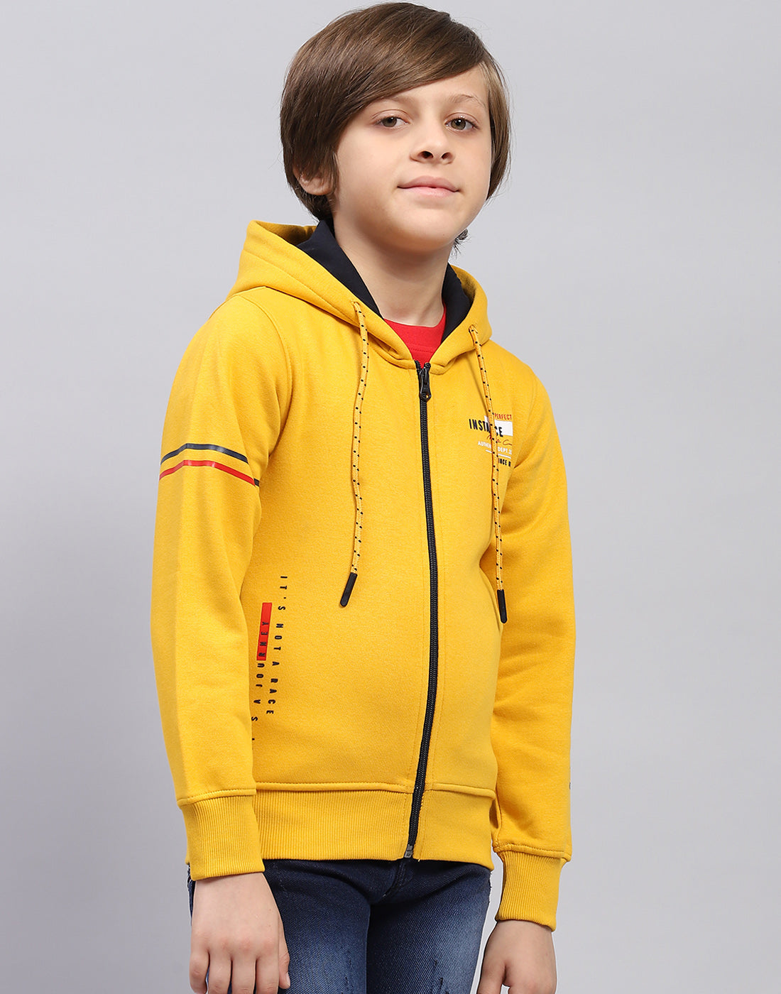 Boys Mustard Printed Hooded Full Sleeve Sweatshirt
