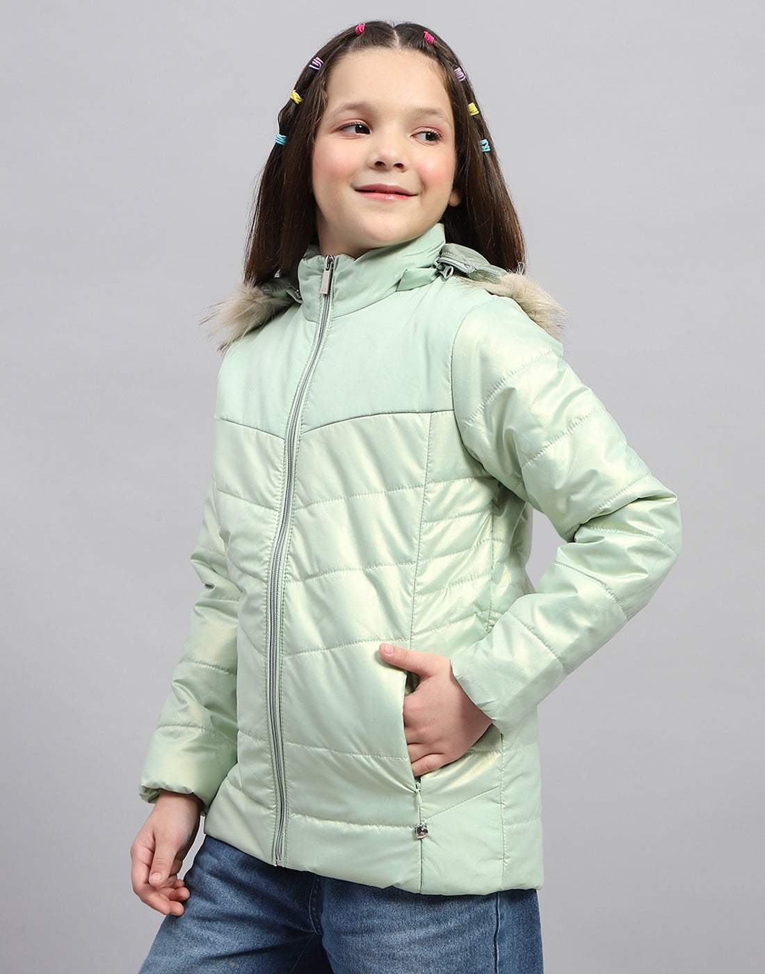 Girls Sea Green Solid Hooded Full Sleeve Jacket