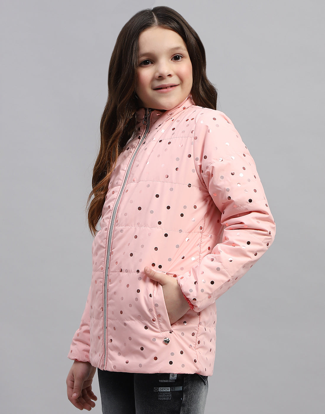 Girls Pink Solid Mock Neck Full Sleeve Jacket