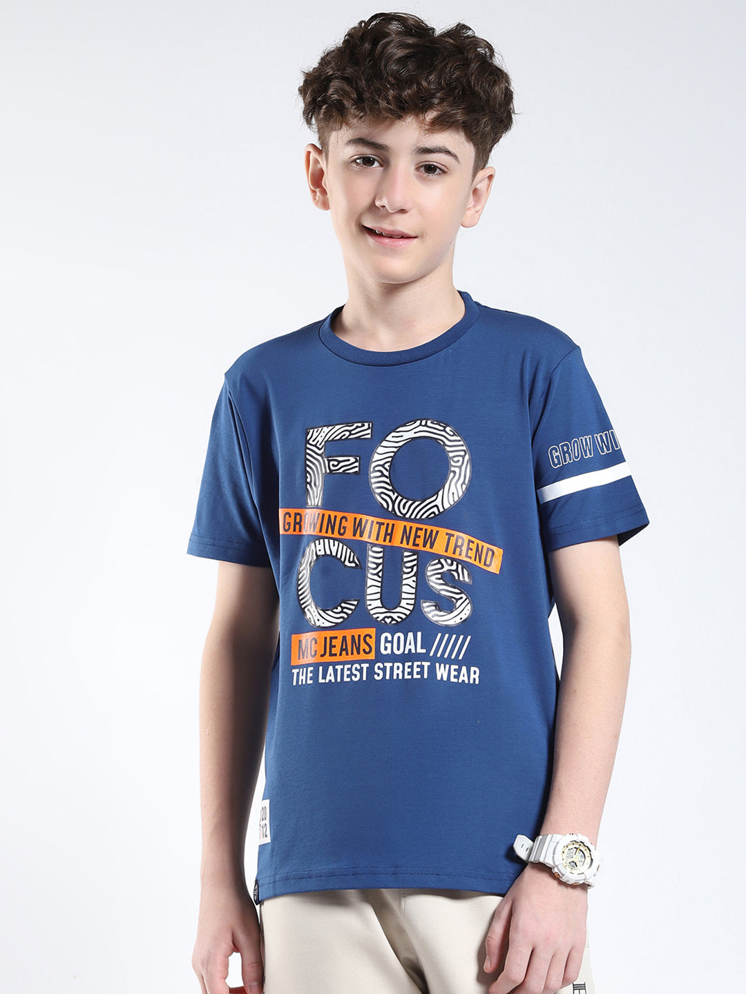 Boys Blue Printed Round Neck Half Sleeve T-Shirt